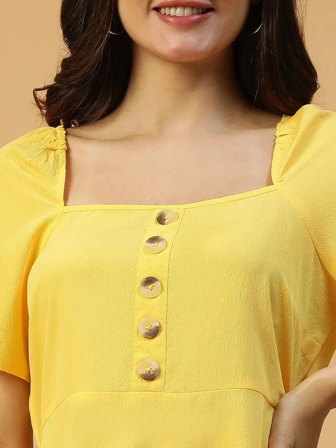Lemon Yellow Horn Button Detailed Above Knee-Length Women Dress - oxolloxo