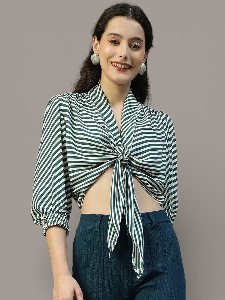 Green Stripe Crop Top - Women's Tie Knot Blouse With 3/4 Sleeves & V Neck