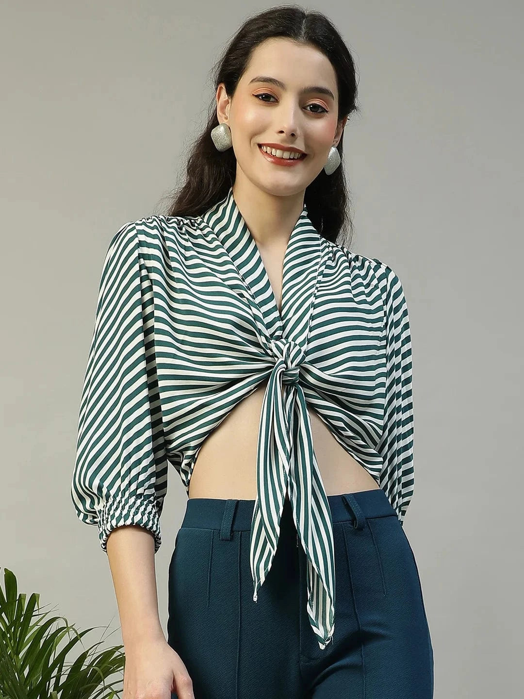 Striking Green Stripe Print Tie-Knot Detail Women Crop Top