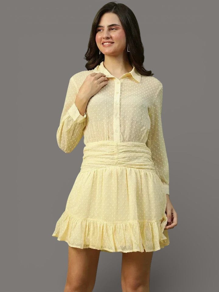 Yellow Chiffon Dress - Button Down Long Sleeve Classic Collar Flared Sleeve