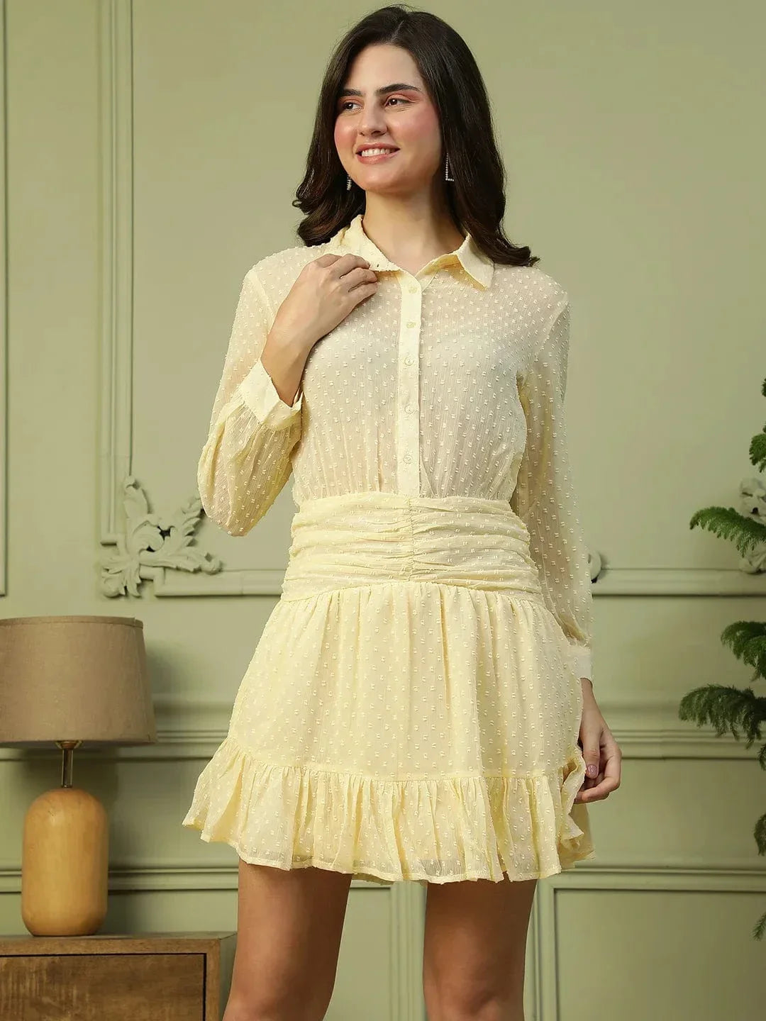 Charming Yellow Button Down Long Sleeve Chiffon Dobby Women Dress - oxolloxo