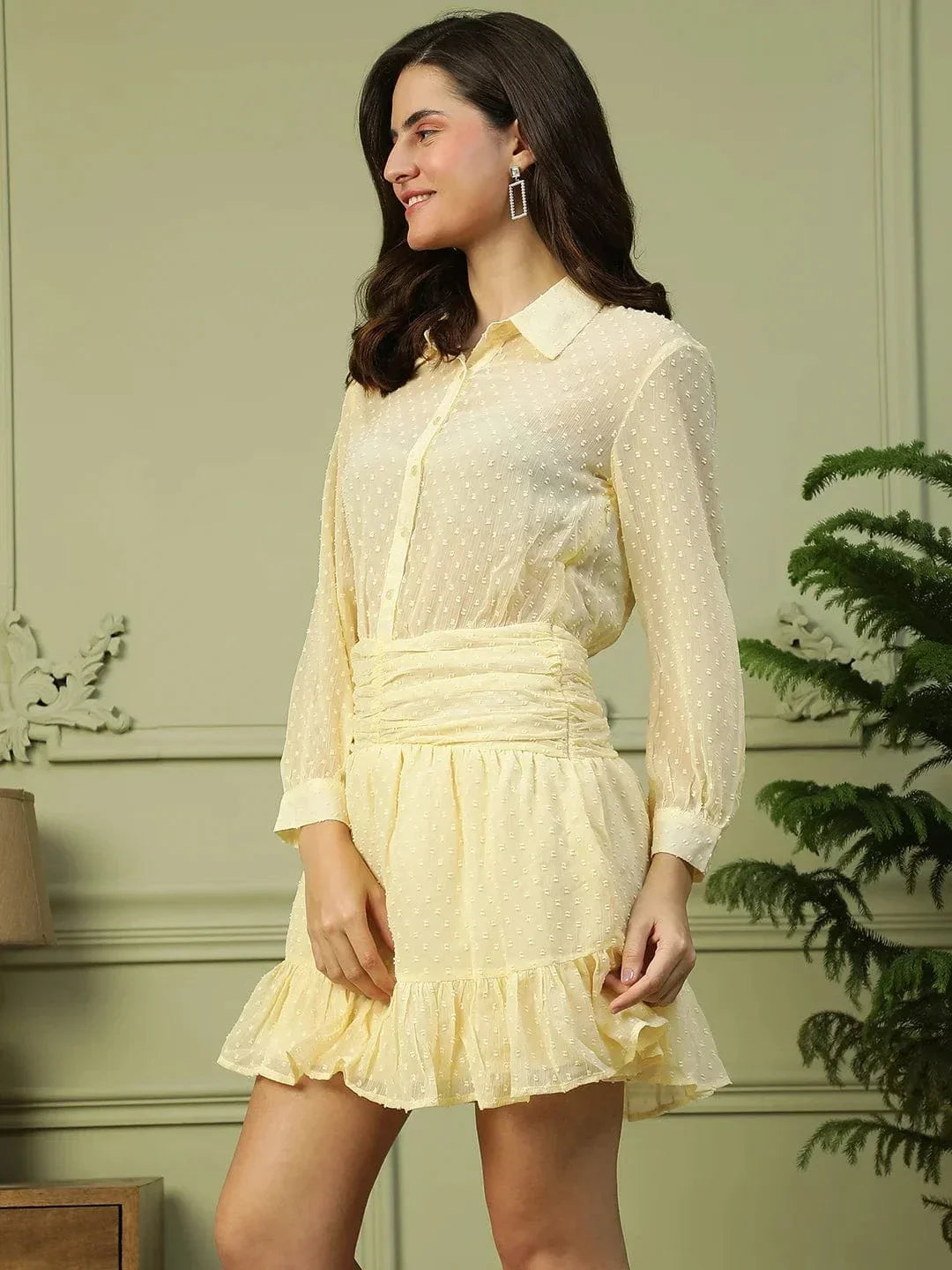 Charming Yellow Button Down Long Sleeve Chiffon Dobby Women Dress - oxolloxo