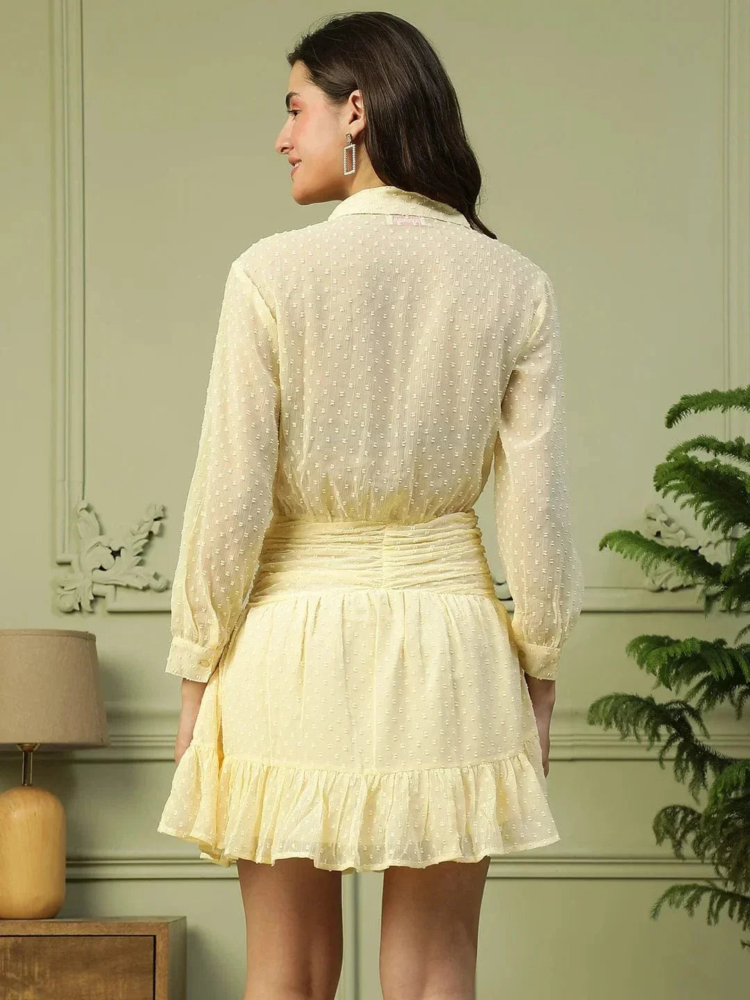 Charming Yellow Button Down Long Sleeve Chiffon Dobby Women Dress - oxolloxo