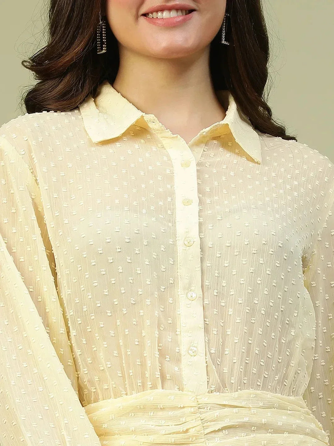 Charming Yellow Button Down Long Sleeve Chiffon Dobby Women Dress - oxolloxo