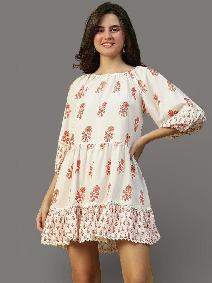 Floral Print Dress - Off White Long Sleeve Above Knee Casual Women's Dress