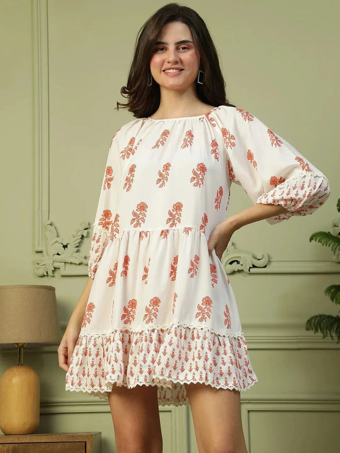 Off White Floral Print Long Sleeve Women Dress - oxolloxo