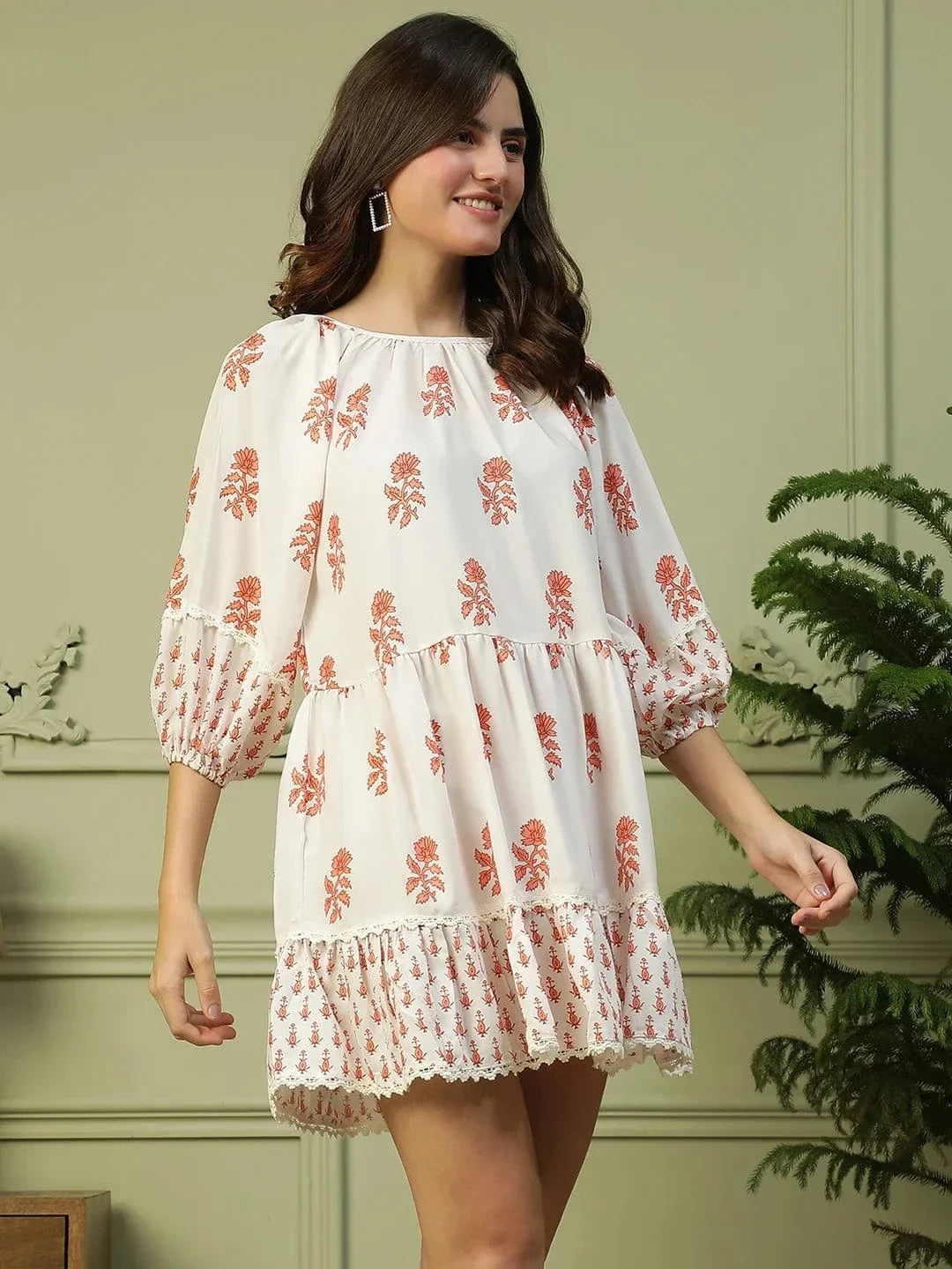 Off White Floral Print Long Sleeve Women Dress - oxolloxo