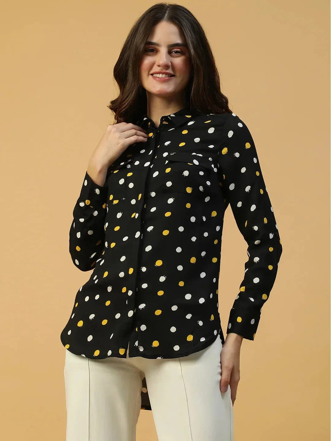 Black Polka Dot Print Long Sleeve Button Down Collared Women Shirt - oxolloxo