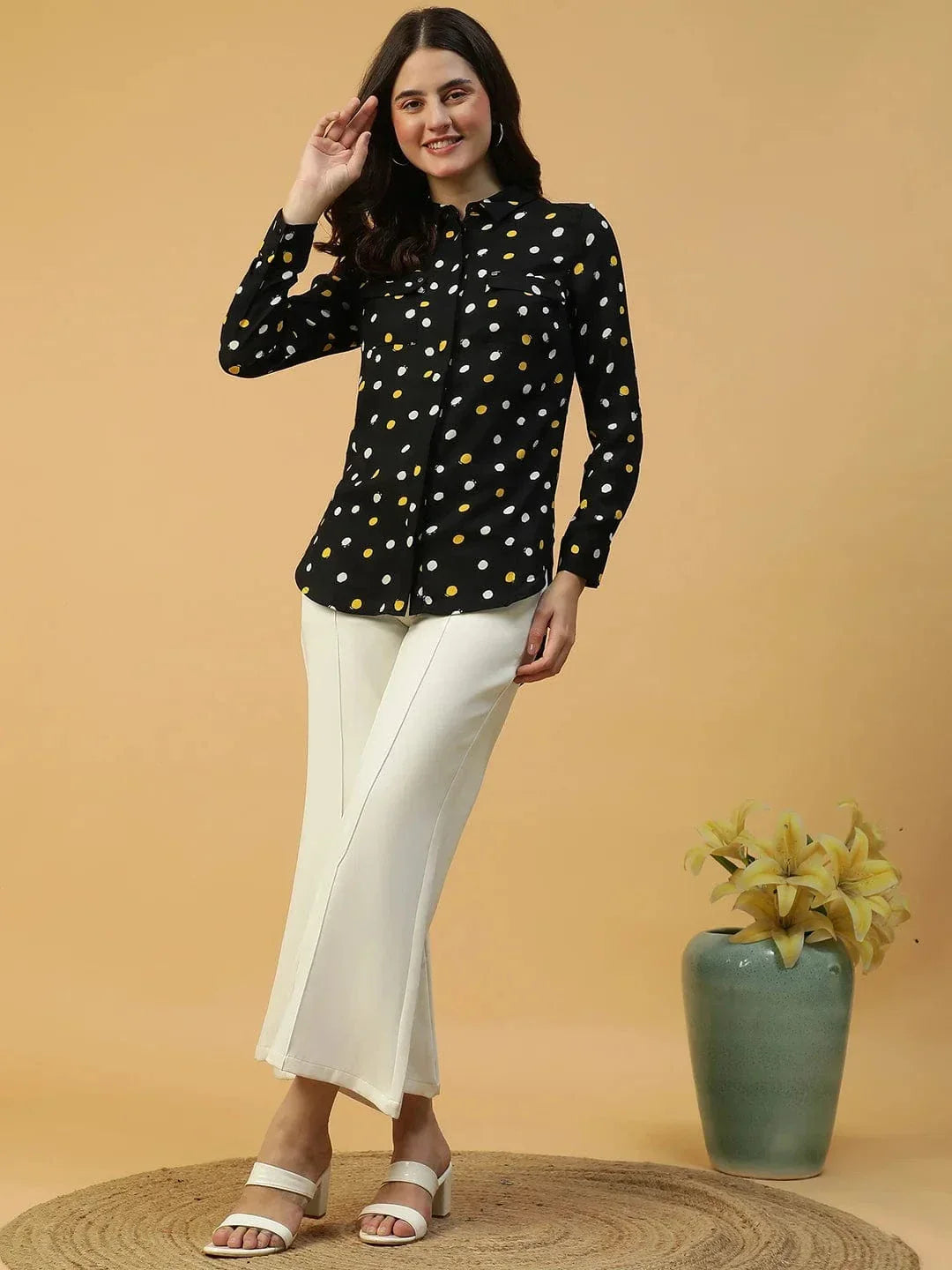 Black Polka Dot Print Long Sleeve Button Down Collared Women Shirt - oxolloxo