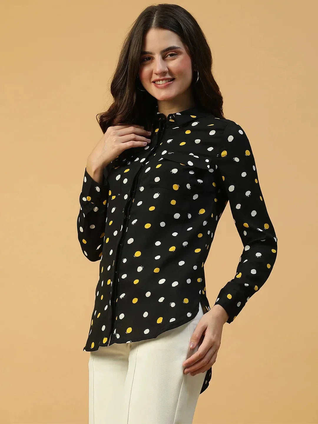 Black Polka Dot Print Long Sleeve Button Down Collared Women Shirt - oxolloxo
