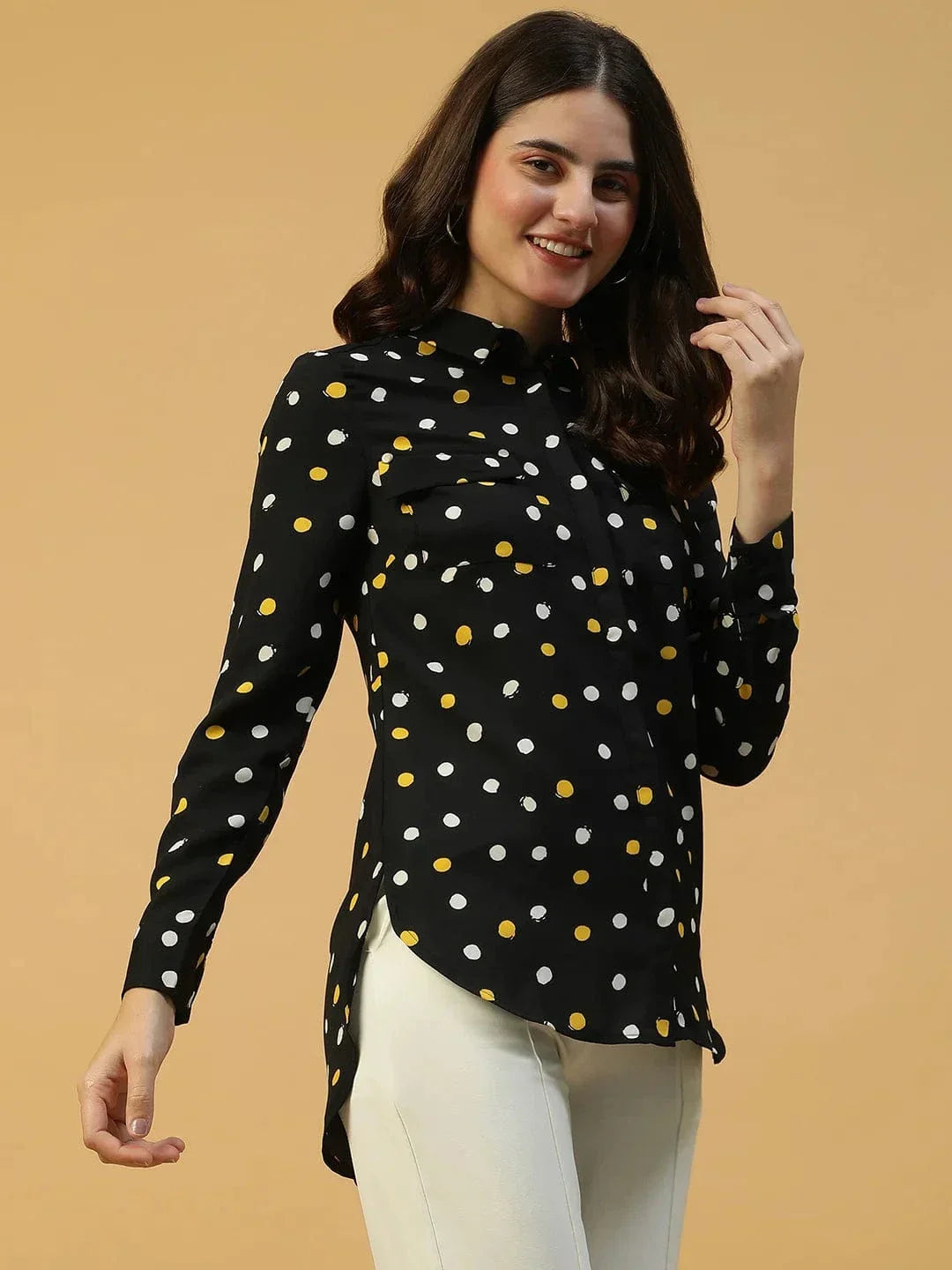Black Polka Dot Print Long Sleeve Button Down Collared Women Shirt - oxolloxo