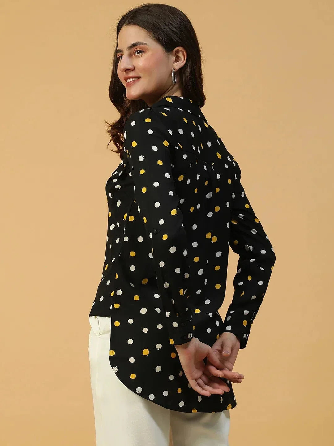 Black Polka Dot Print Long Sleeve Button Down Collared Women Shirt - oxolloxo