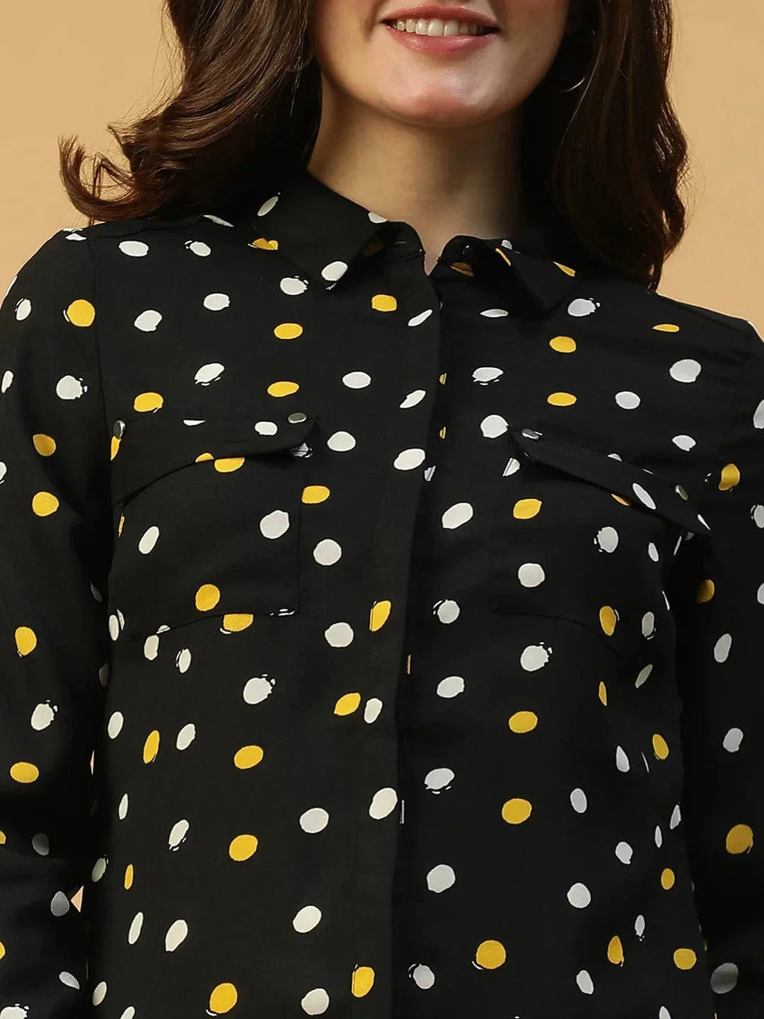 Black Polka Dot Print Long Sleeve Button Down Collared Women Shirt - oxolloxo