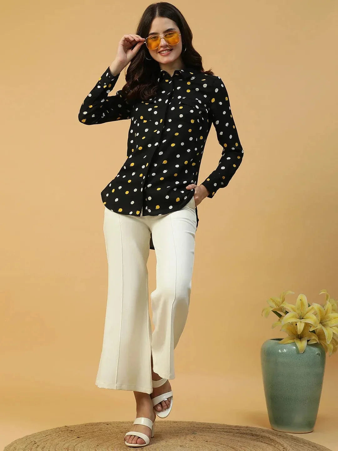 Black Polka Dot Print Long Sleeve Button Down Collared Women Shirt - oxolloxo