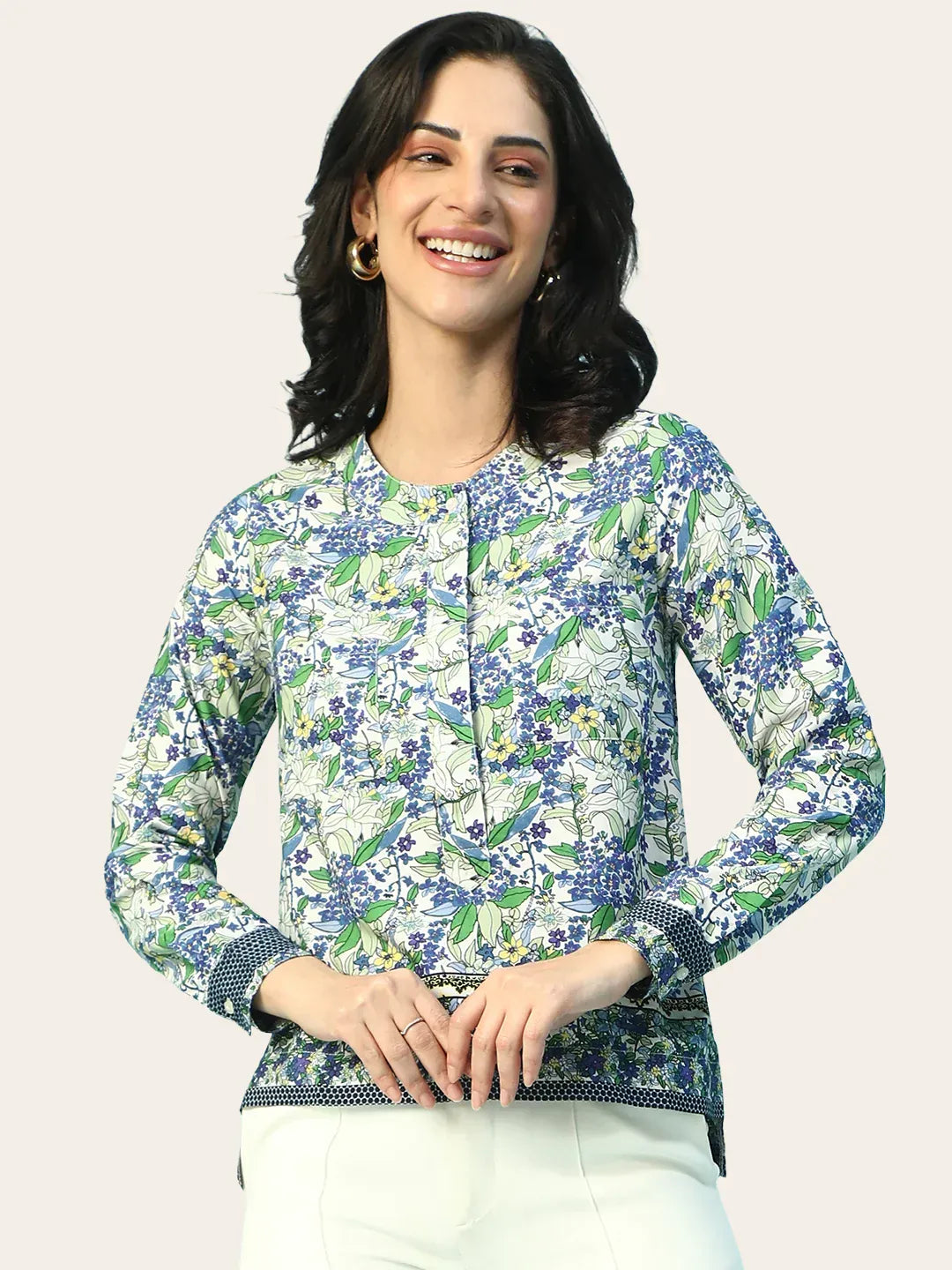Blue Floral Print Long Sleeve Women's Top