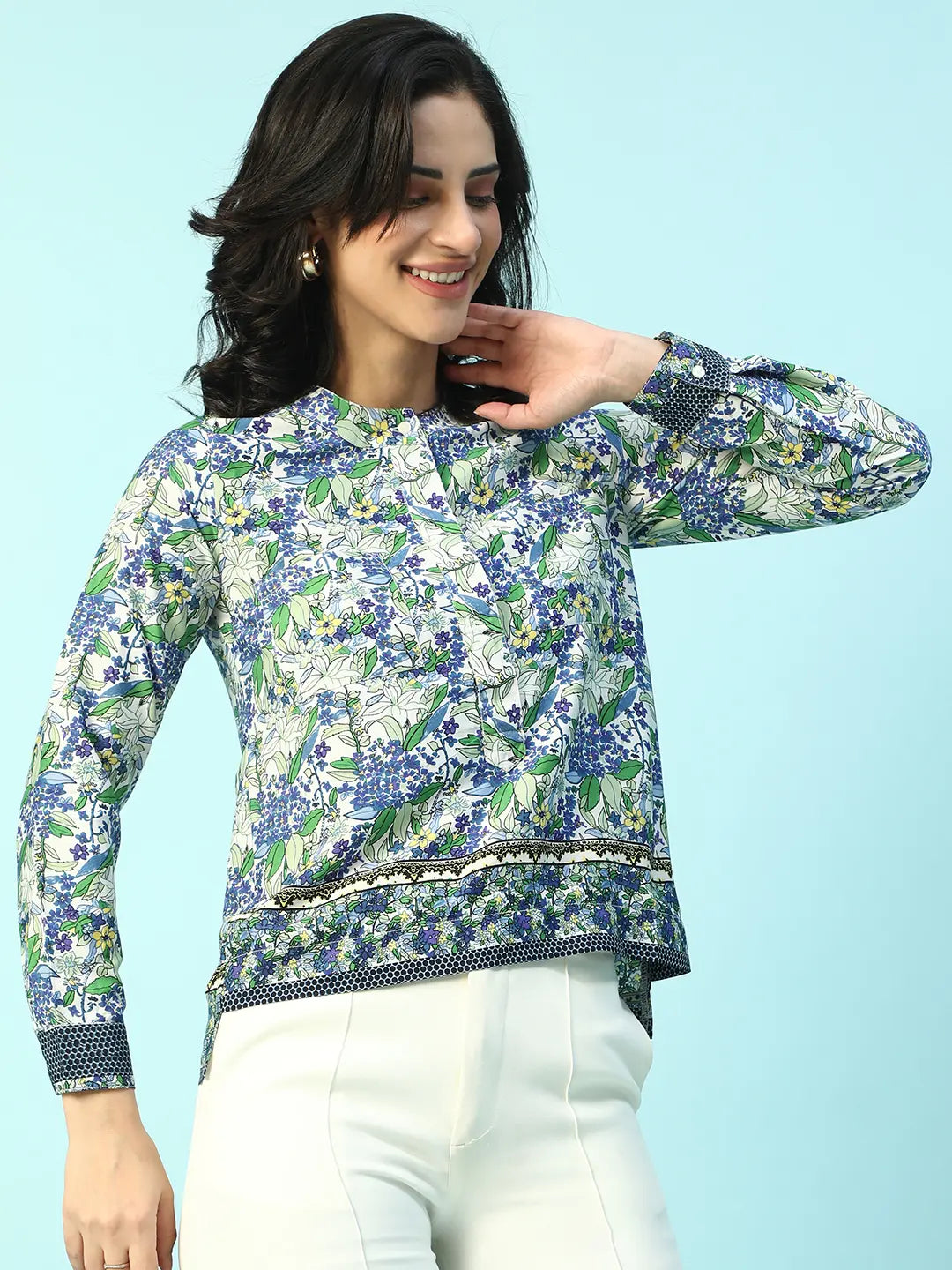 Blue Floral Print Long Sleeve Women's Top