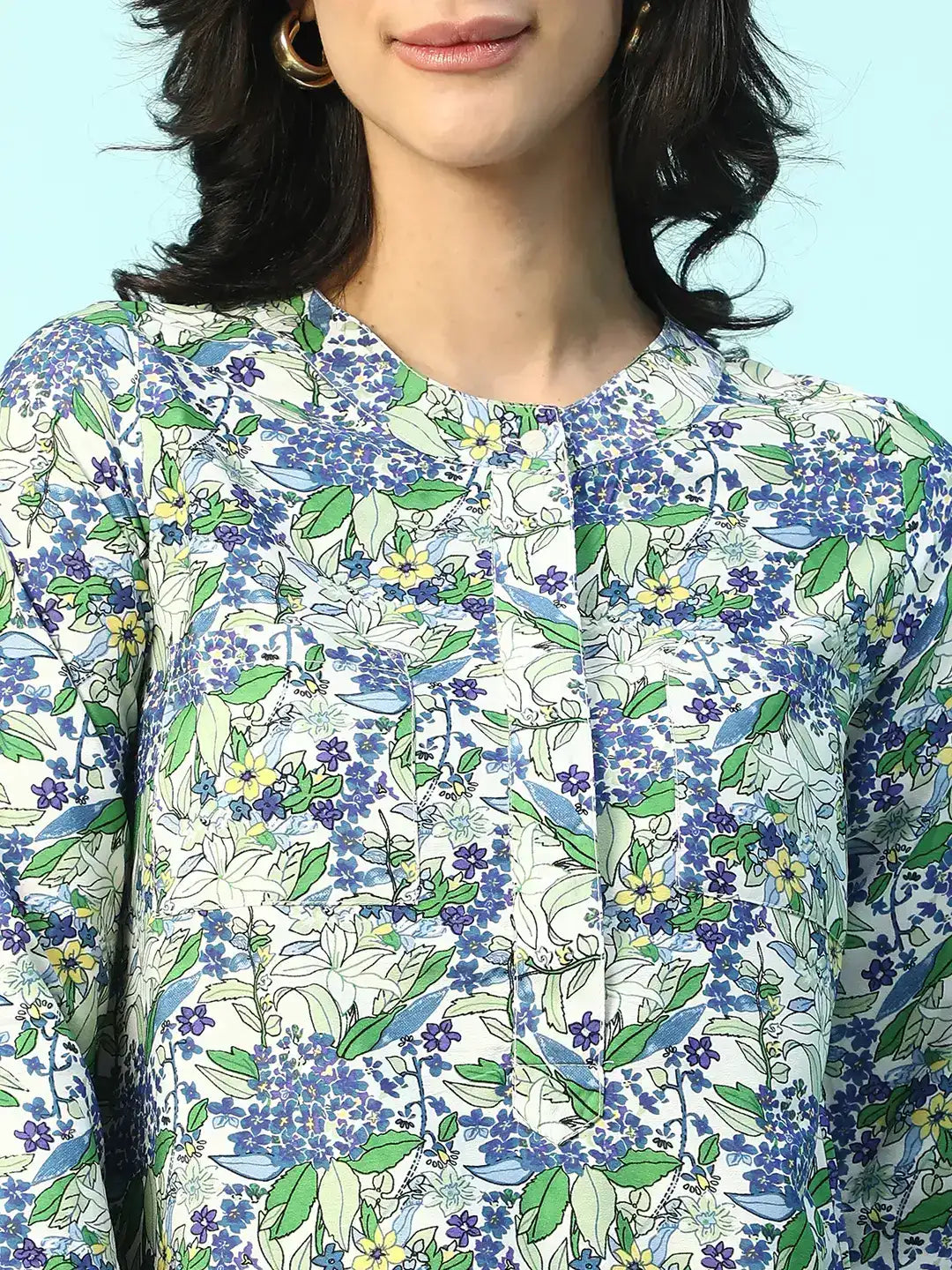 Blue Floral Print Long Sleeve Women's Top
