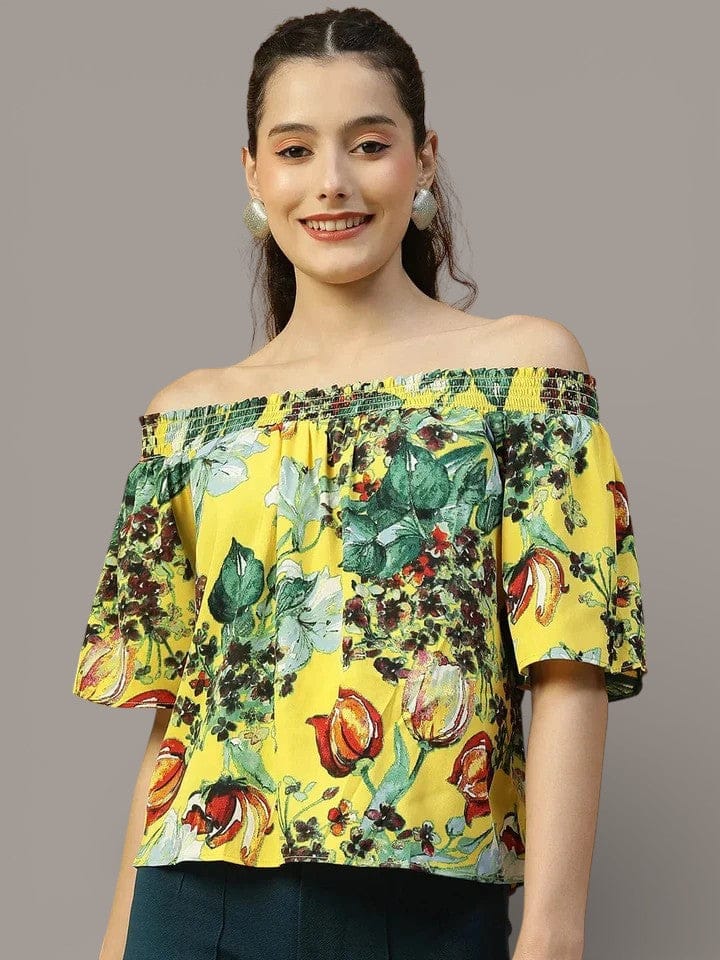 Yellow Floral Off-Shoulder Top - Women's Summer Casual Floral Blouse, Short Sleeve
