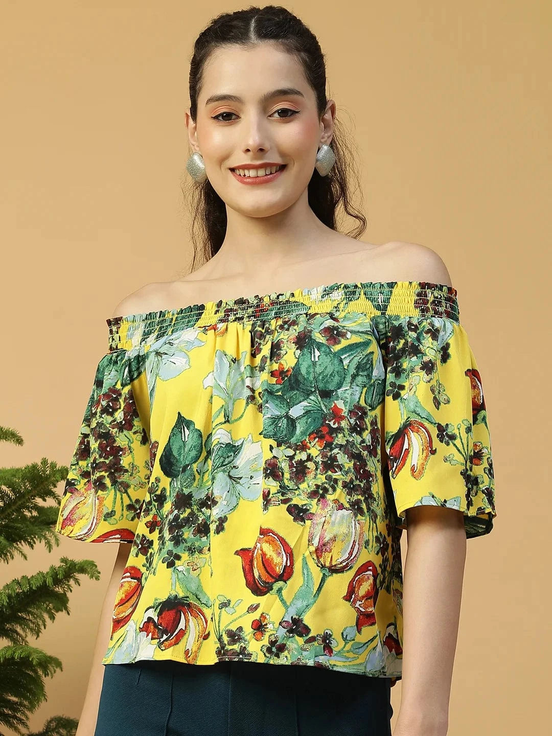 Glammed Yellow Floral Print Short Sleeve Women Off-Shoulder Top