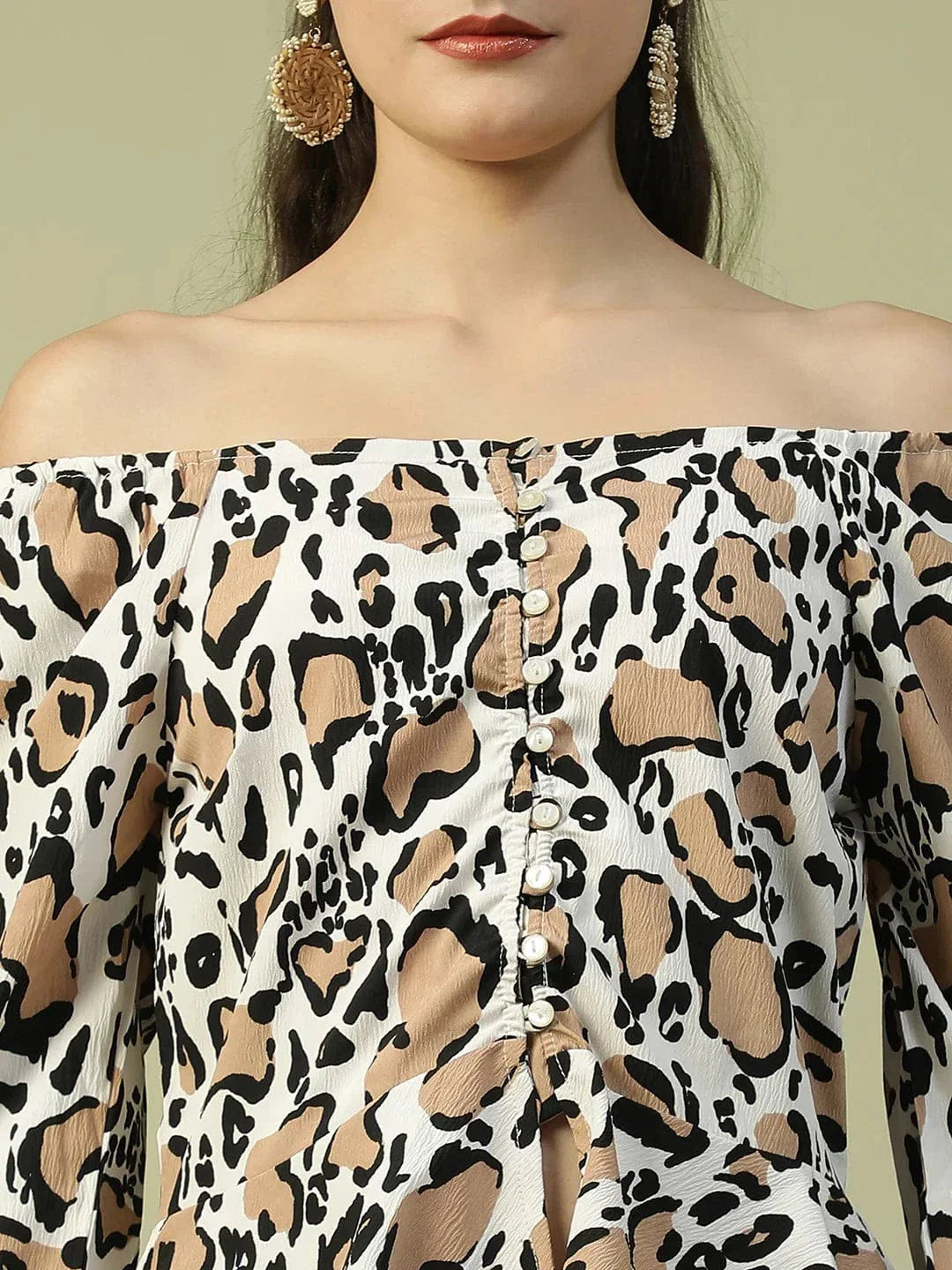 Multicolor Animal Print 3/4 Sleeve Women Off-Shoulder Peplum Top - oxolloxo