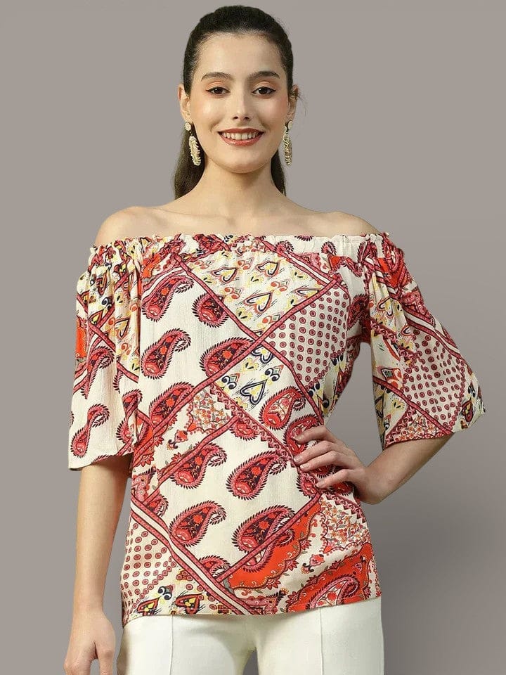 Red Floral Off Shoulder Top - 3/4 Sleeve Waist Length Women's Casual Blouse