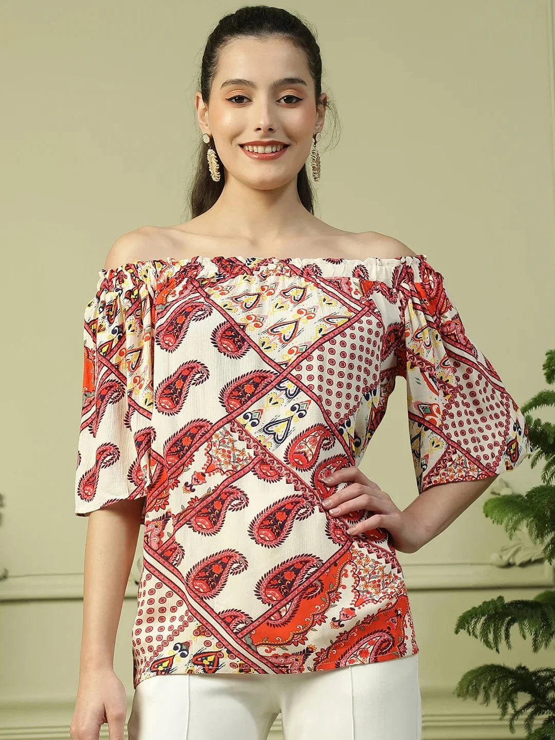 Glorious Red Floral Print 3/4 Sleeve Women Off-Shoulder Top