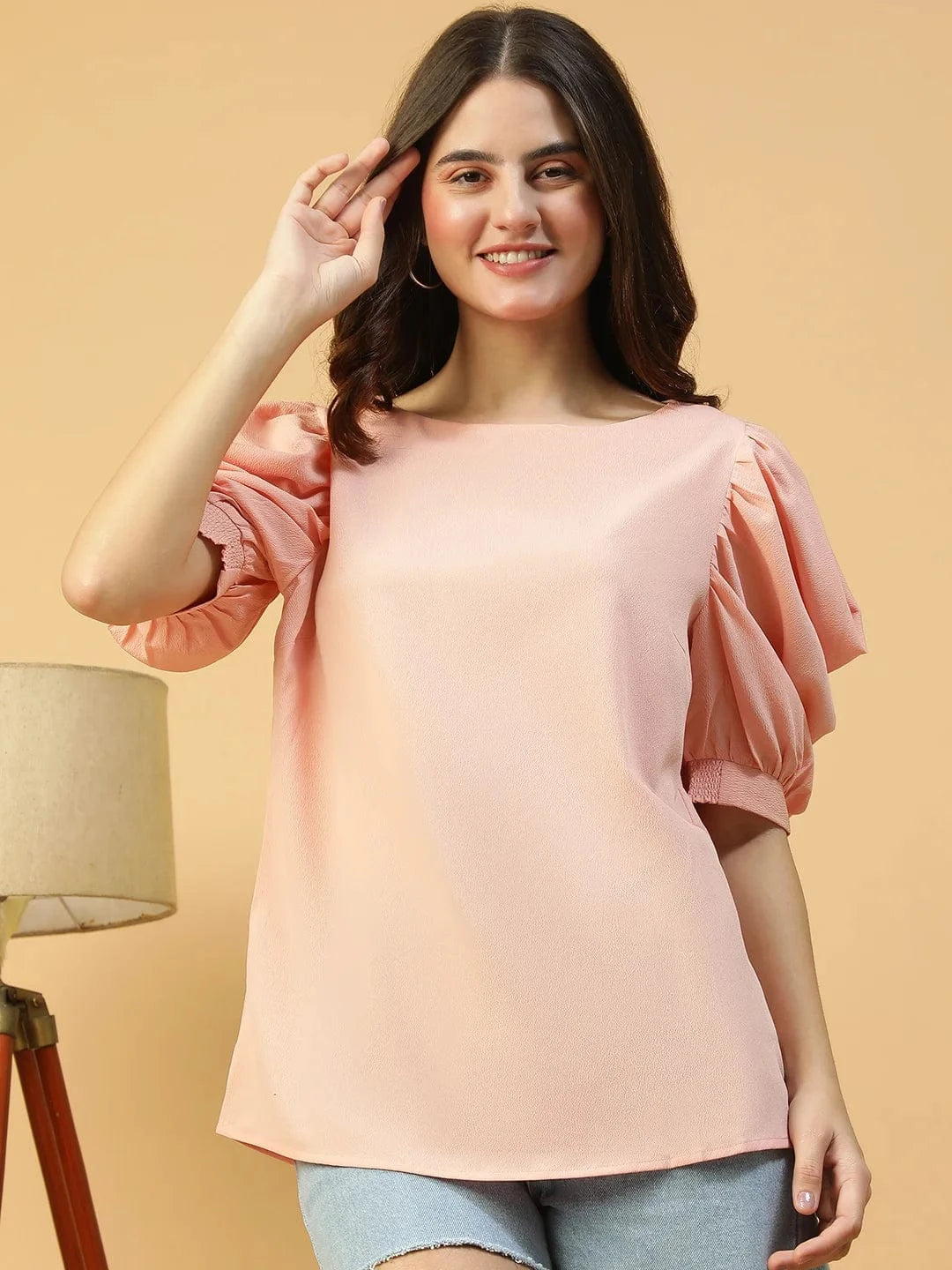 Perfect Peach Round Neck Short Puff Sleeve Women Top