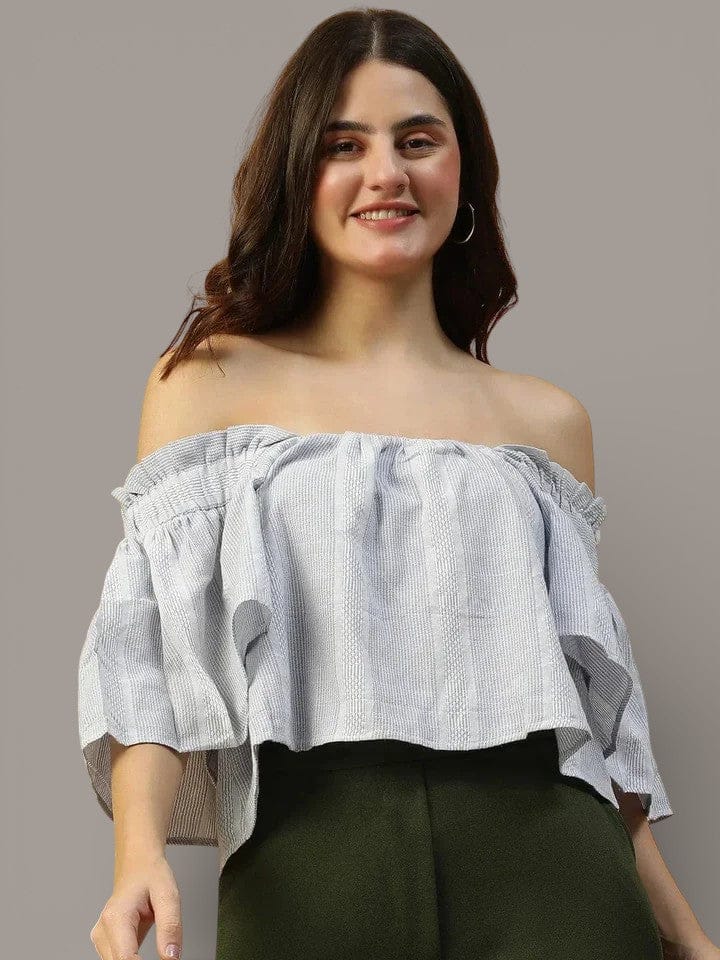 Off Shoulder Crop Top - Blue Stripe Cotton Summer Casual Top for Women