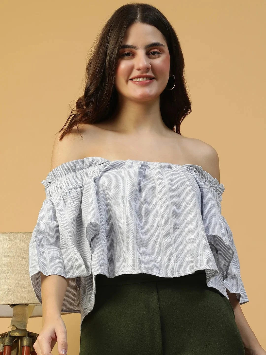Latest Blue Stripe Print Short Sleeve Off-Shoulder Women Cotton Crop Top