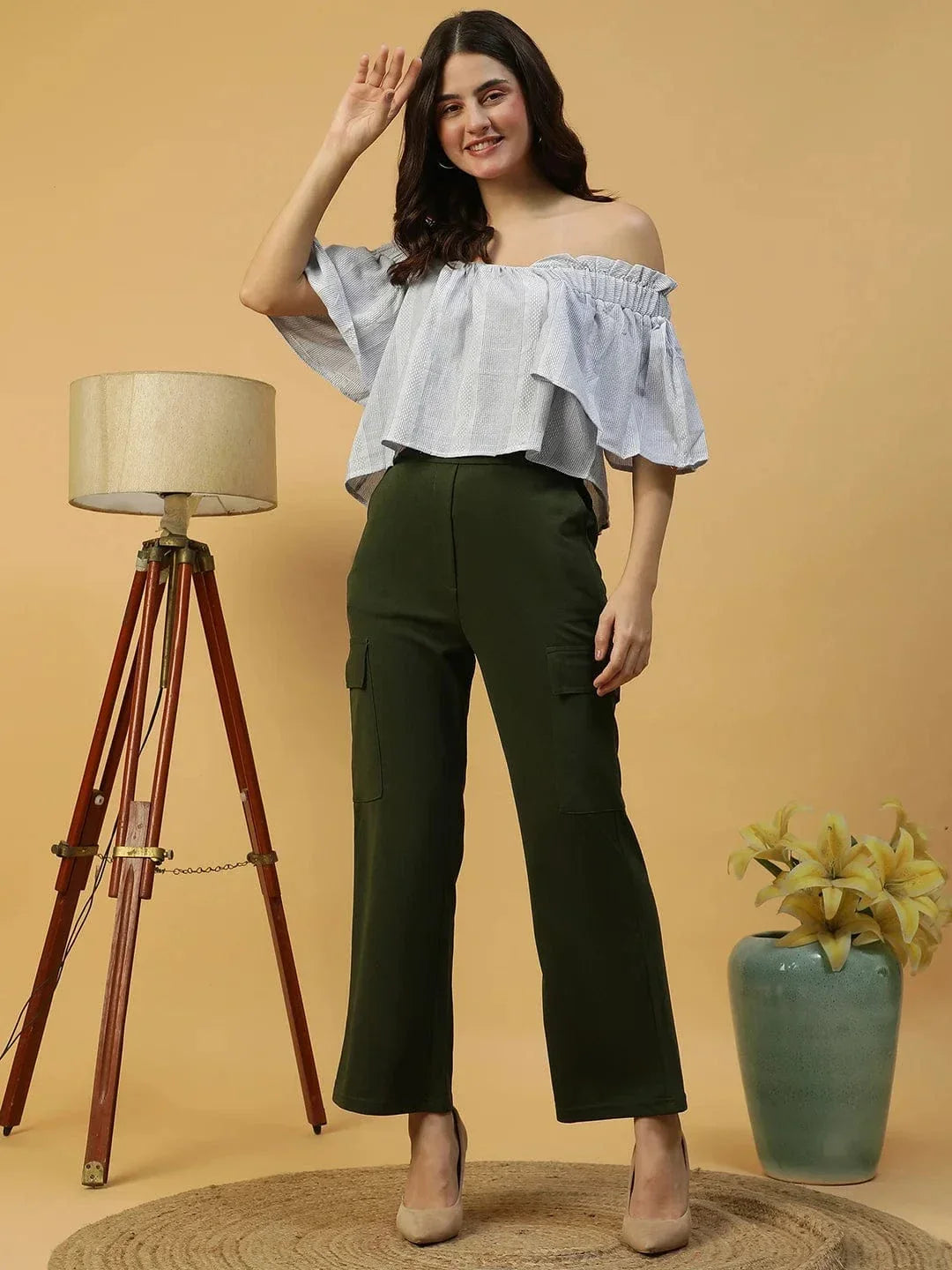 Latest Blue Stripe Print Short Sleeve Off-Shoulder Women Cotton Crop Top - oxolloxo