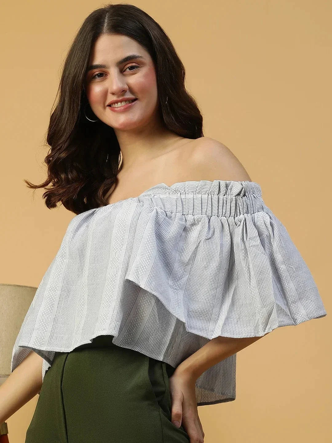 Latest Blue Stripe Print Short Sleeve Off-Shoulder Women Cotton Crop Top - oxolloxo