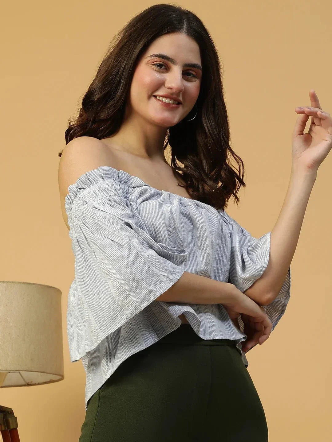 Latest Blue Stripe Print Short Sleeve Off-Shoulder Women Cotton Crop Top - oxolloxo