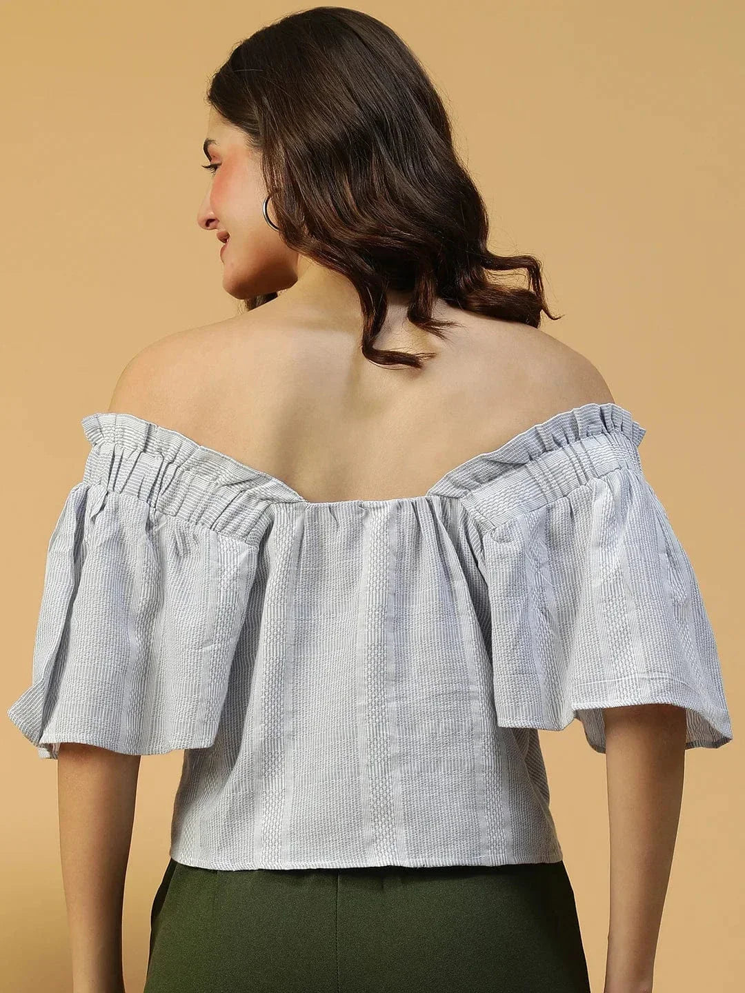 Latest Blue Stripe Print Short Sleeve Off-Shoulder Women Cotton Crop Top - oxolloxo