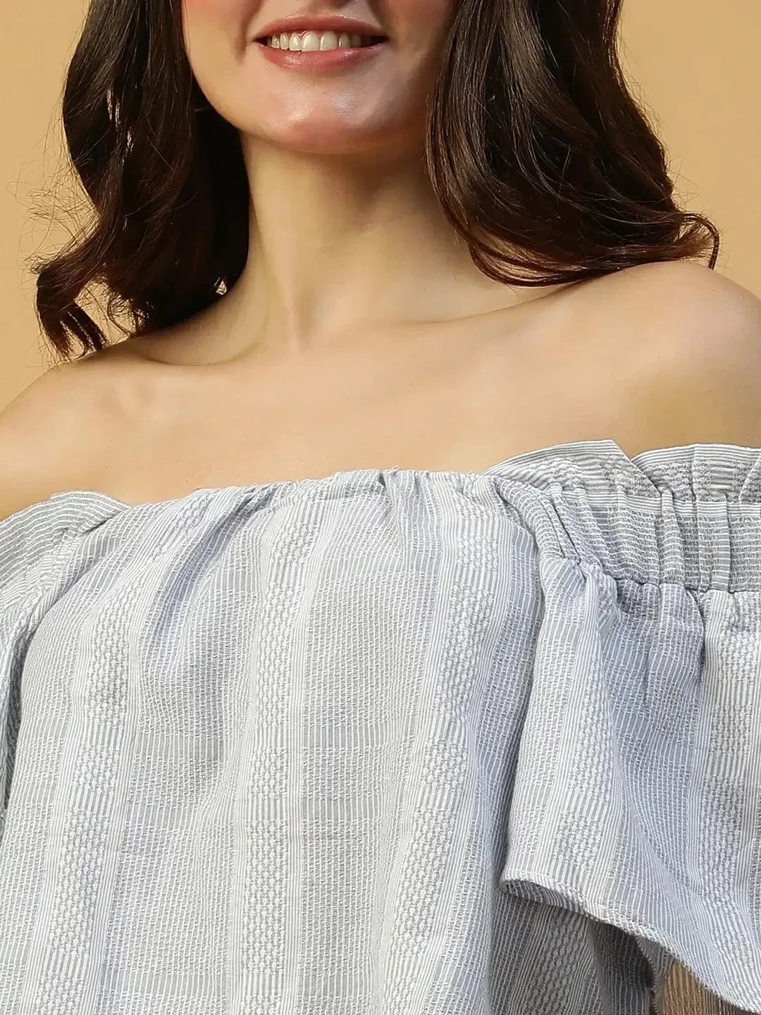 Latest Blue Stripe Print Short Sleeve Off-Shoulder Women Cotton Crop Top - oxolloxo