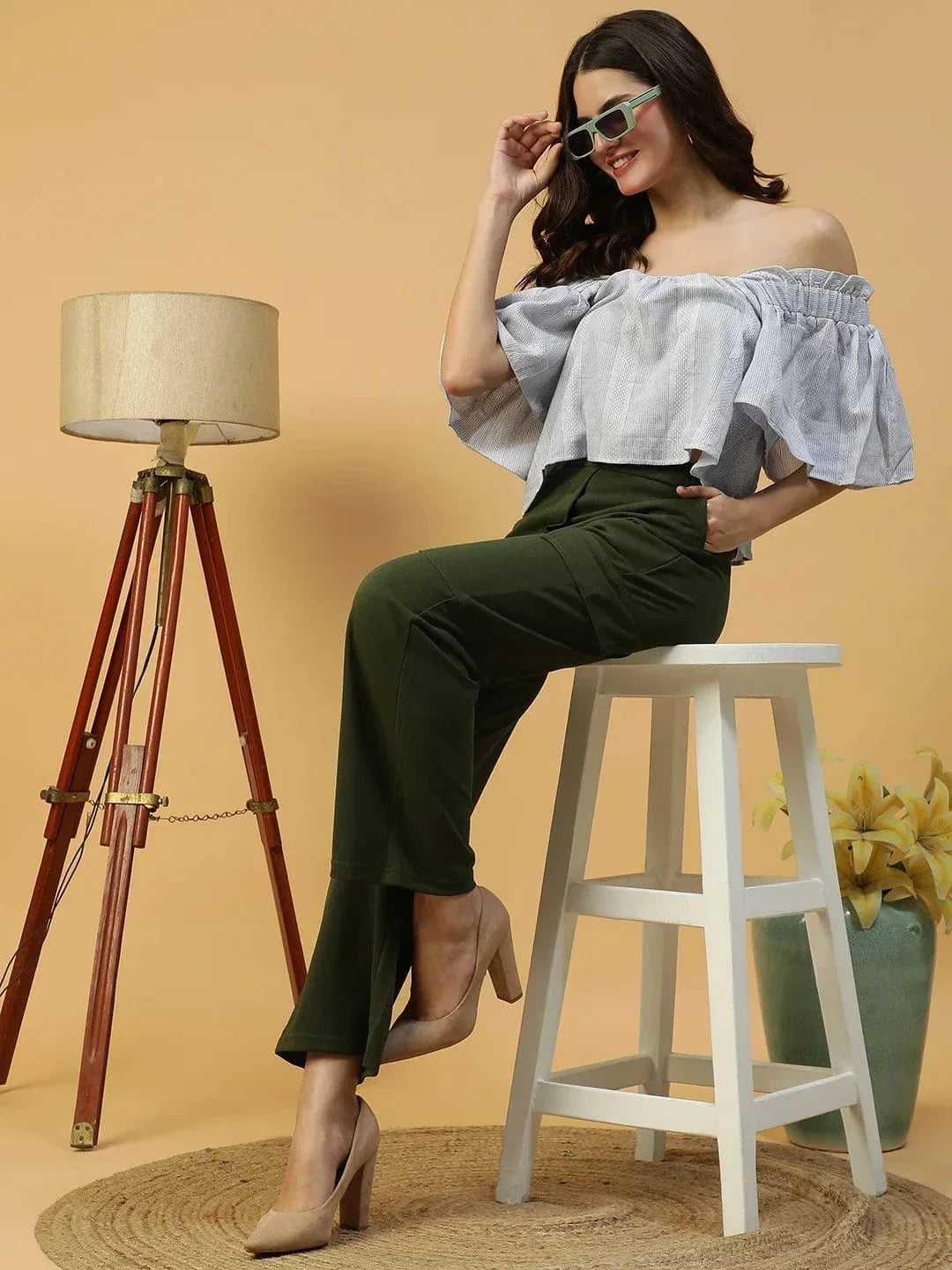 Latest Blue Stripe Print Short Sleeve Off-Shoulder Women Cotton Crop Top - oxolloxo