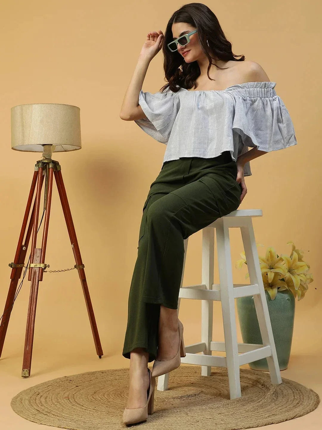 Latest Blue Stripe Print Short Sleeve Off-Shoulder Women Cotton Crop Top - oxolloxo