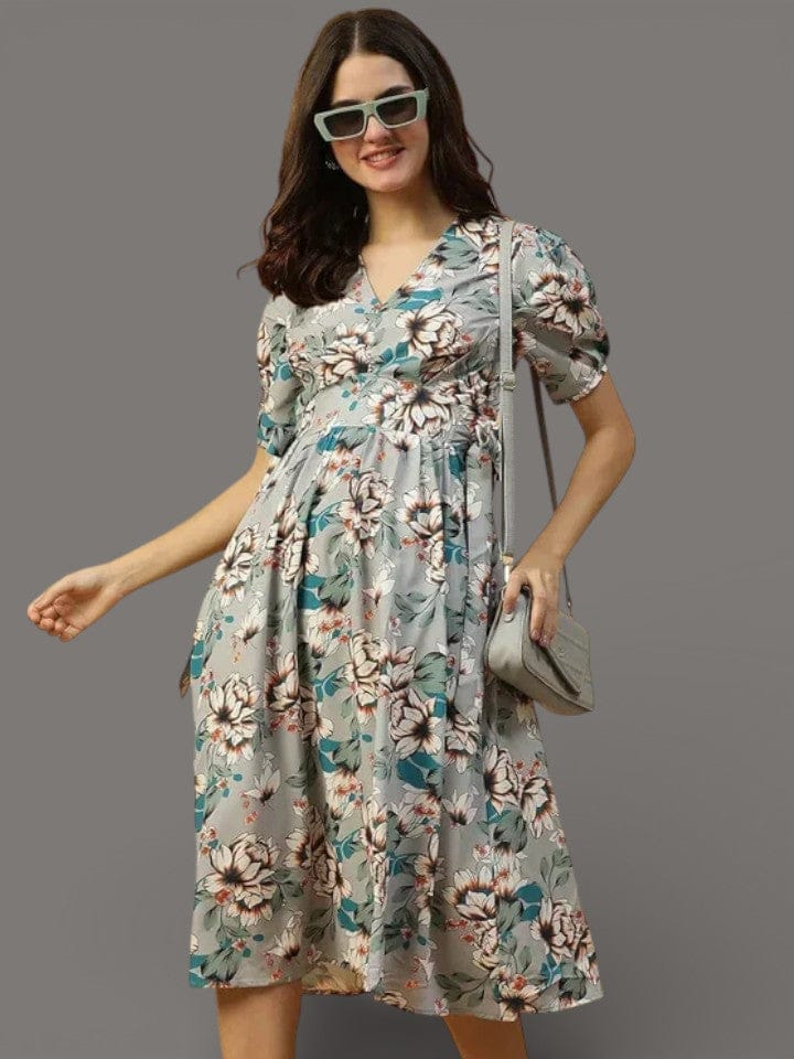 Floral Print Dress - Women's Summer Casual Dress With Elastic Waist & Tie-Up Detail
