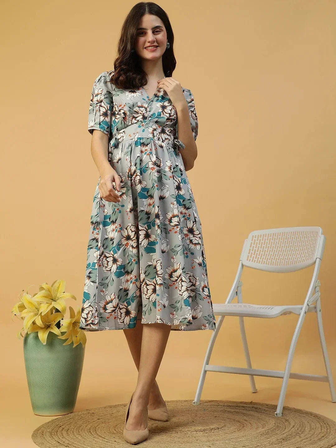 Multicolor Floral Print Elasticated With Tie-Up Detail Women Dress - oxolloxo