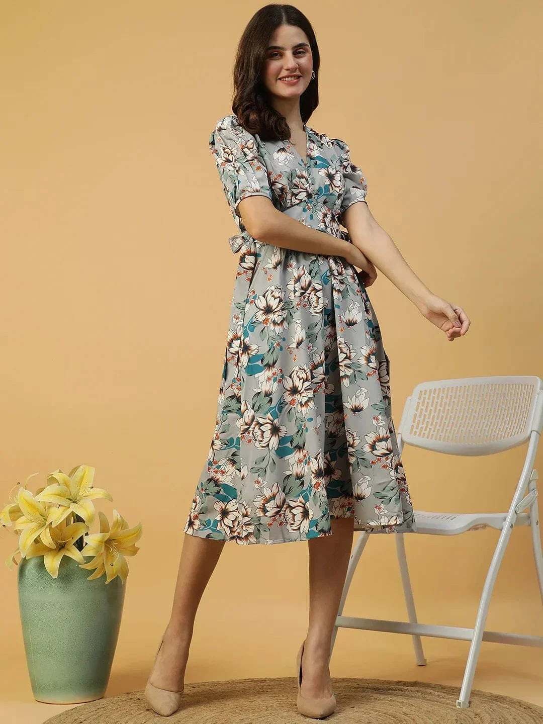 Multicolor Floral Print Elasticated With Tie-Up Detail Women Dress - oxolloxo