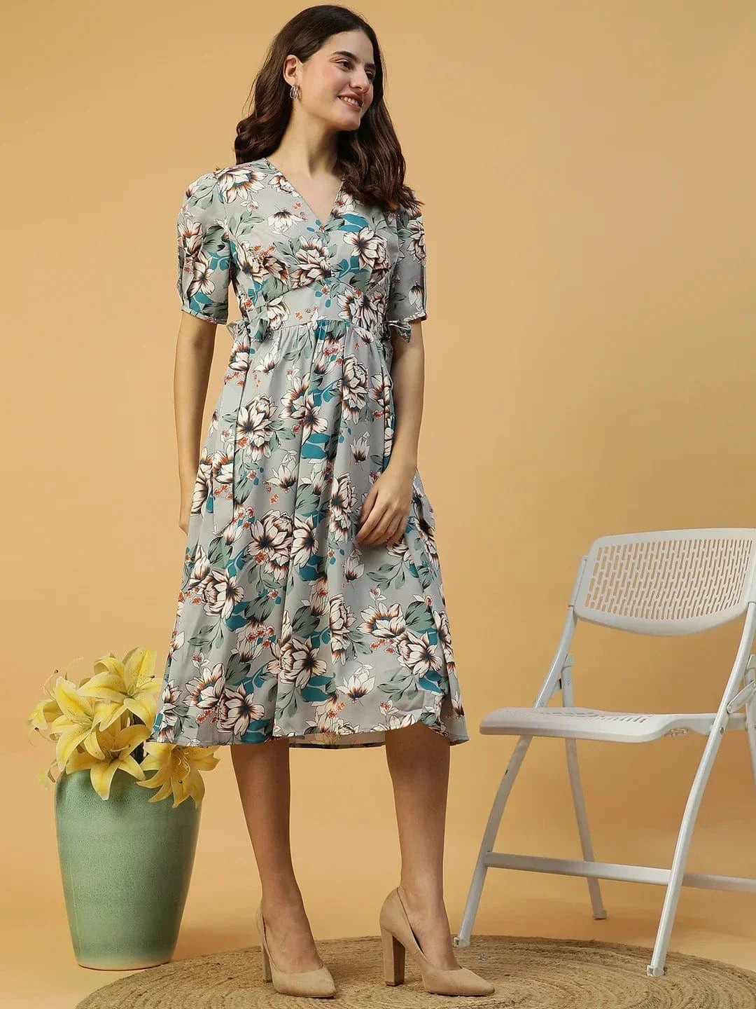 Multicolor Floral Print Elasticated With Tie-Up Detail Women Dress - oxolloxo