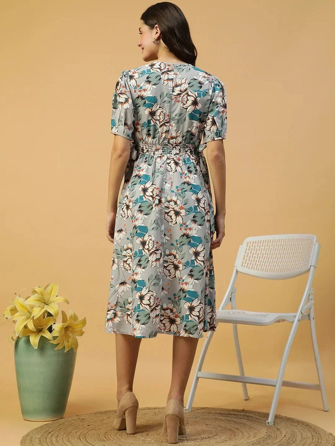 Multicolor Floral Print Elasticated With Tie-Up Detail Women Dress - oxolloxo