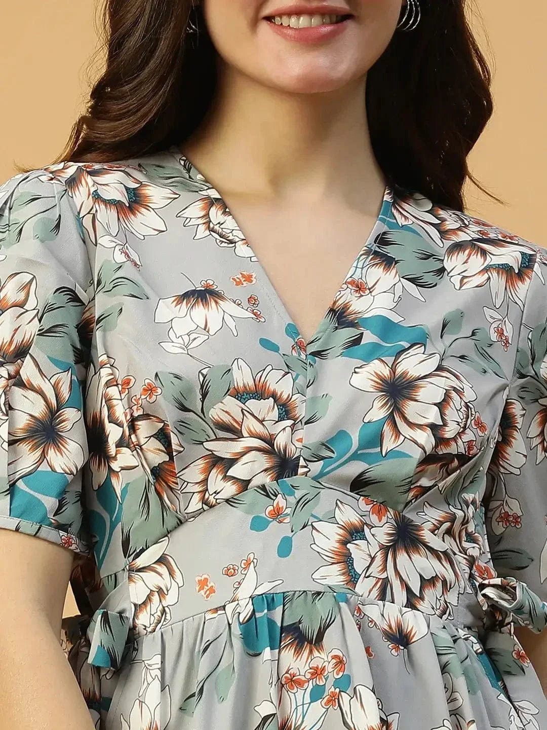Multicolor Floral Print Elasticated With Tie-Up Detail Women Dress - oxolloxo