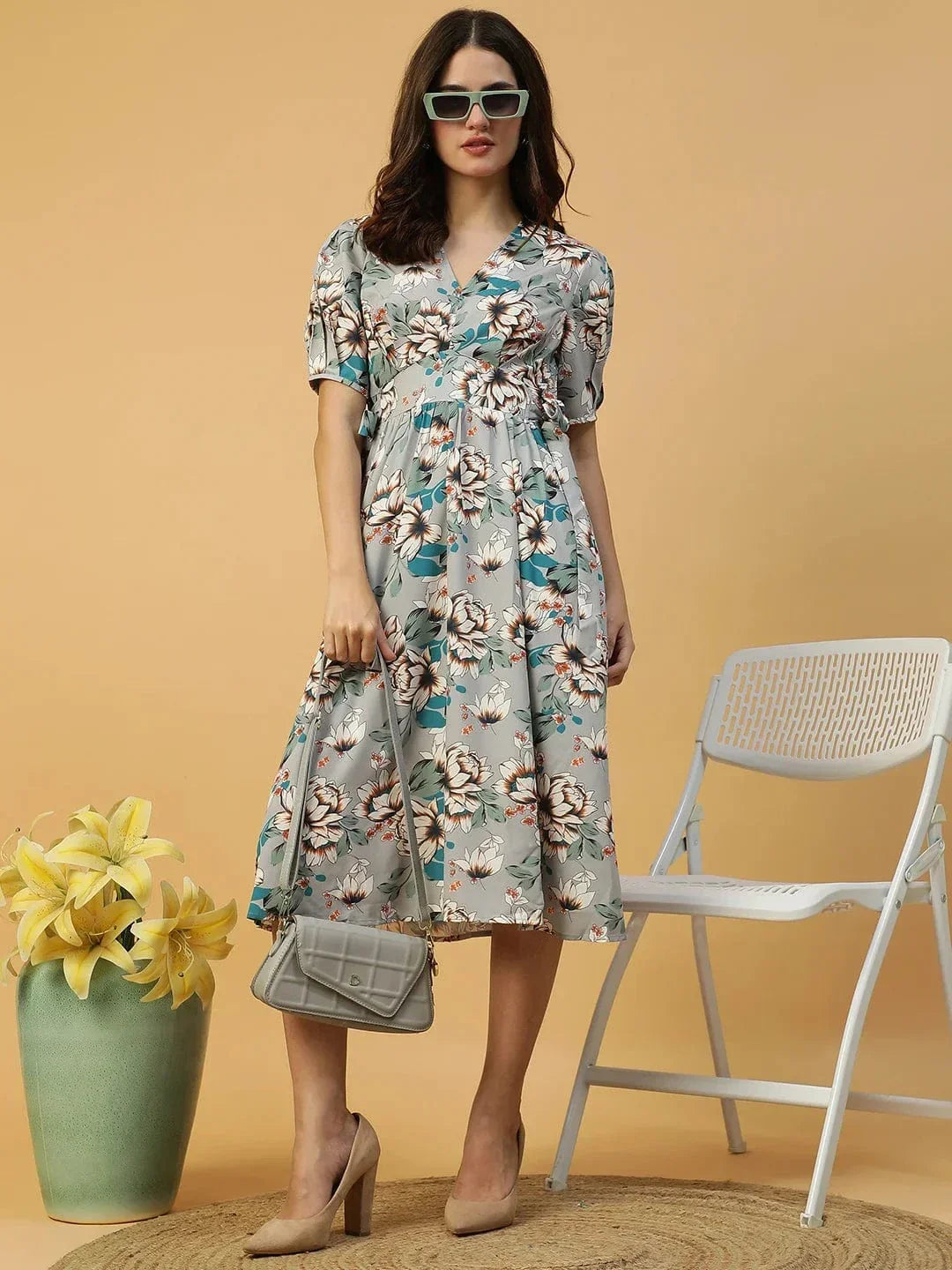 Multicolor Floral Print Elasticated With Tie-Up Detail Women Dress - oxolloxo