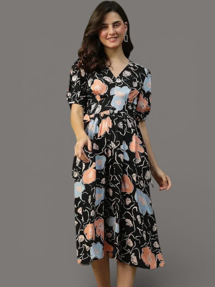 Black Floral Dress - Women's Summer Casual Elastic Waist Side Tie Dress