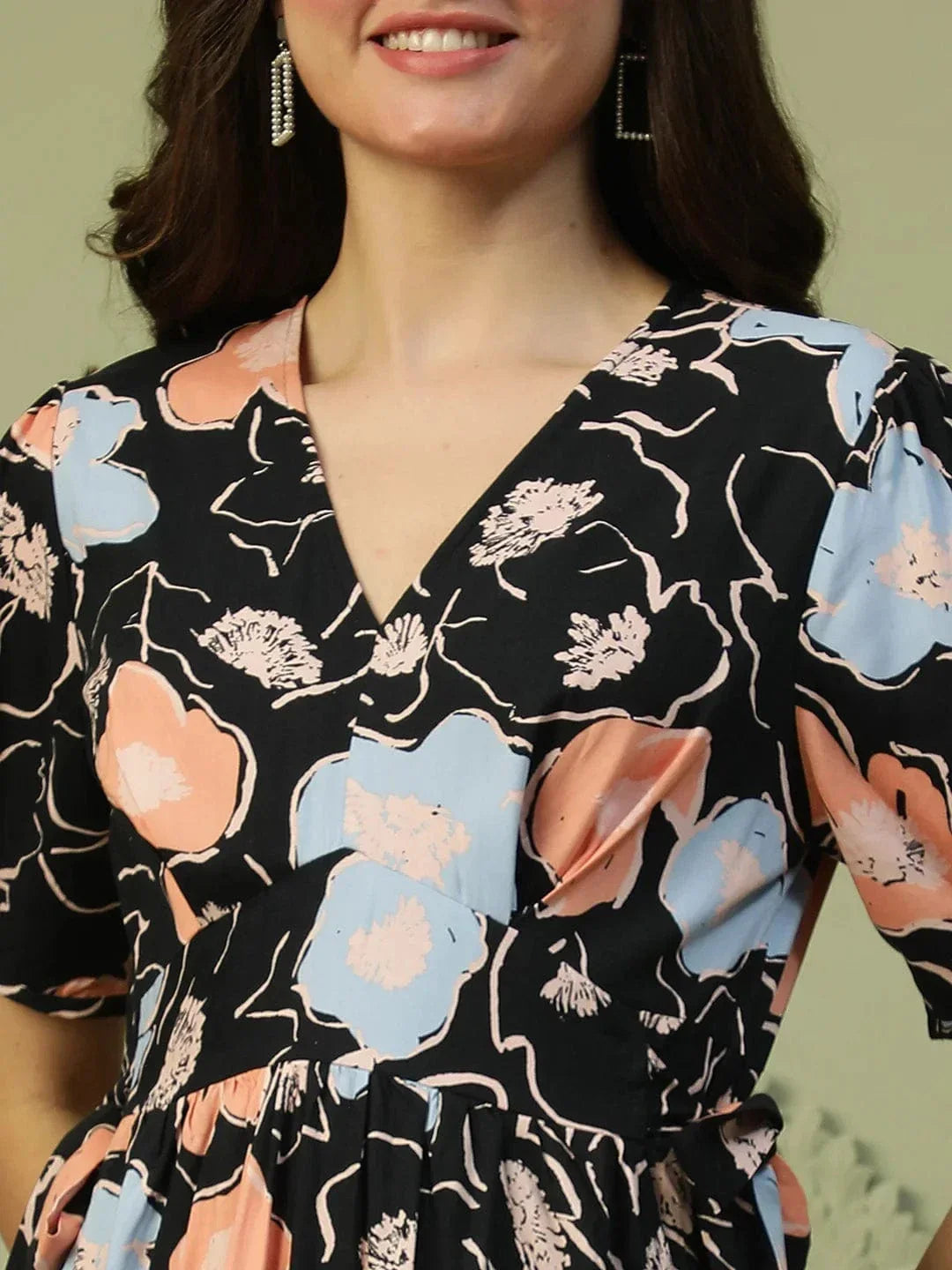 Classy Black Floral Print Elasticated Waist With Side Tie-Up Detail Women Dress - oxolloxo