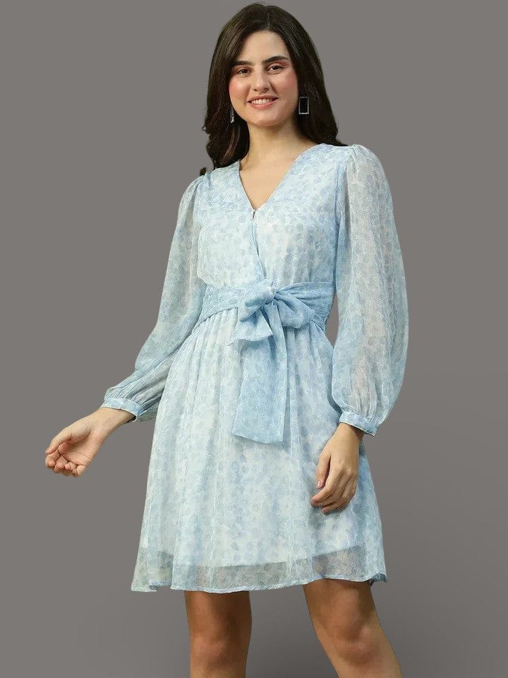 Women Wrap Dress - Blue Tie-Up Belt Above Knee Flared Sleeve Casual Style