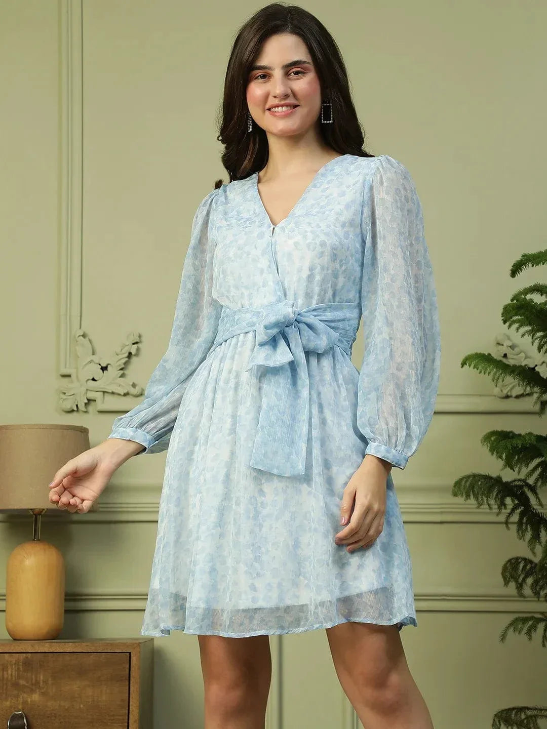 Cloudy Blue Tie-Up Belt Detailed Women Wrap Dress - oxolloxo