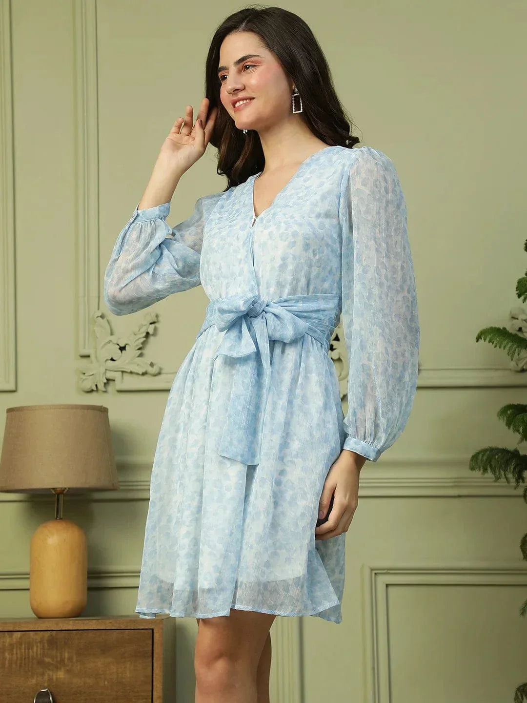 Cloudy Blue Tie-Up Belt Detailed Women Wrap Dress - oxolloxo