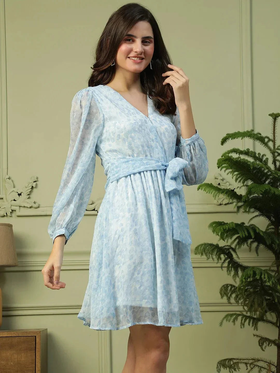 Cloudy Blue Tie-Up Belt Detailed Women Wrap Dress - oxolloxo