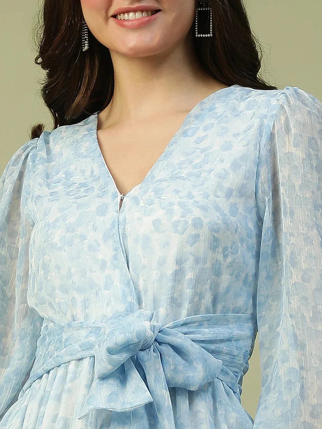 Cloudy Blue Tie-Up Belt Detailed Women Wrap Dress - oxolloxo